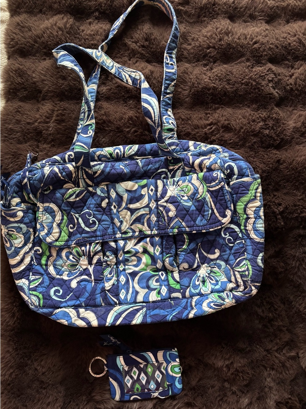 Vera Bradley Navy and Green Quilted Floral Mini Duffle with Matching Pouch